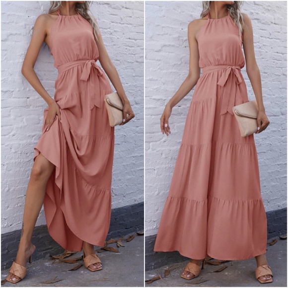 boho Black tiered ruffle belted halter maxi dress - Picture 4 of 8